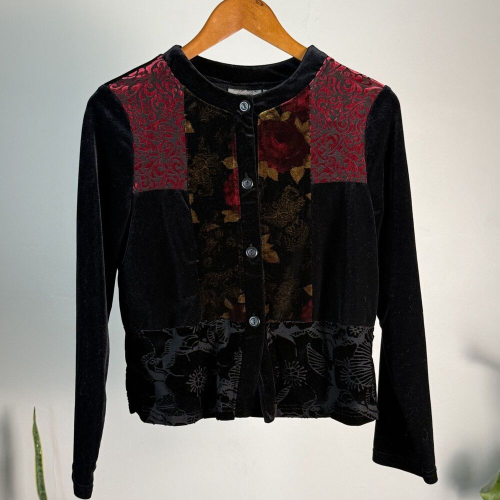 Vintage Black Velvet Burnout Rose Patchwork Cropped Cardigan | Goth Grunge Boho